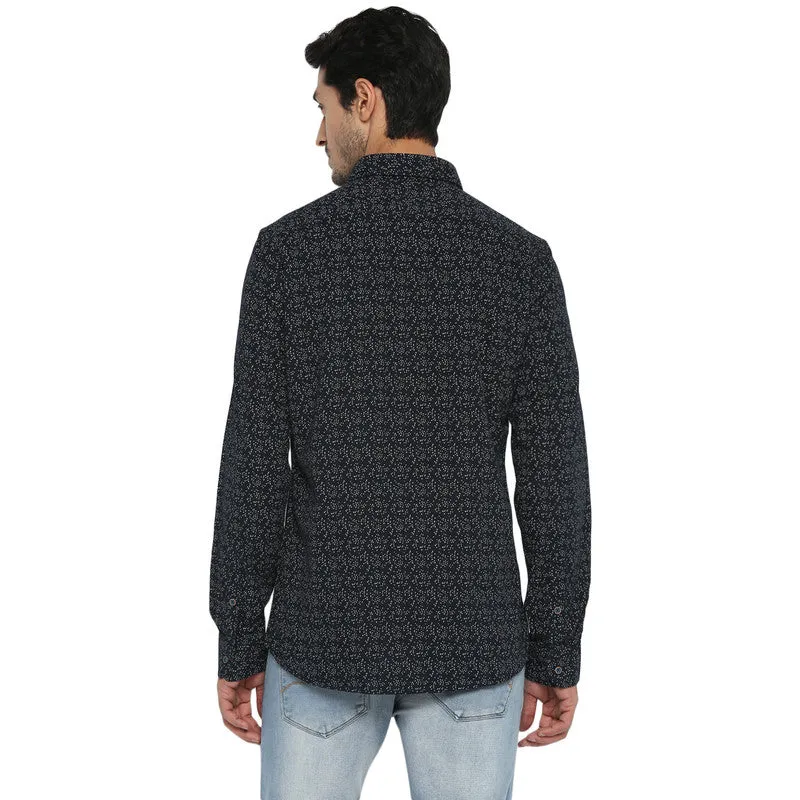 Cotton Navy Blue Slim Fit Printed Casual Shirt