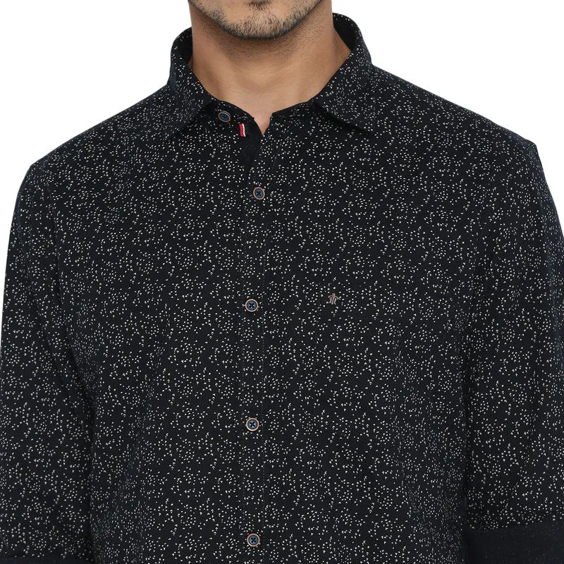 Cotton Navy Blue Slim Fit Printed Casual Shirt