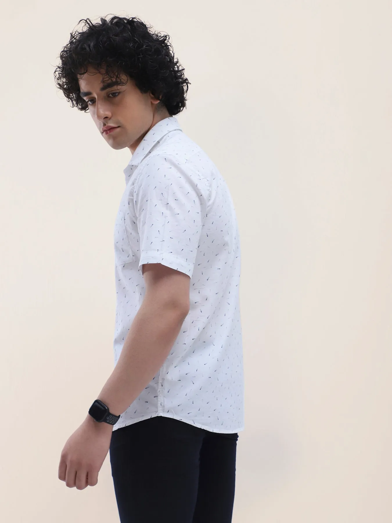 Cotton White Printed Half Sleeve Casual Shirt