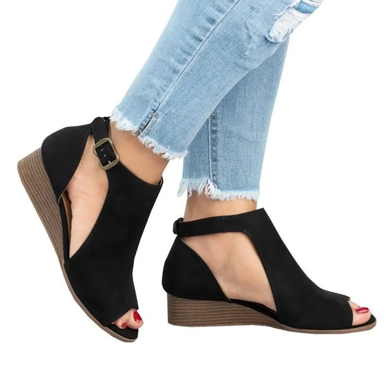 Cut out wedge sandals low wedge peep toe sandals