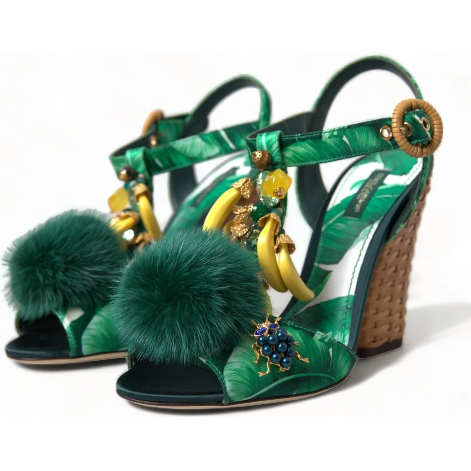 Dolce & Gabbana Green Crystal Mink Fur T-Strap Sandals