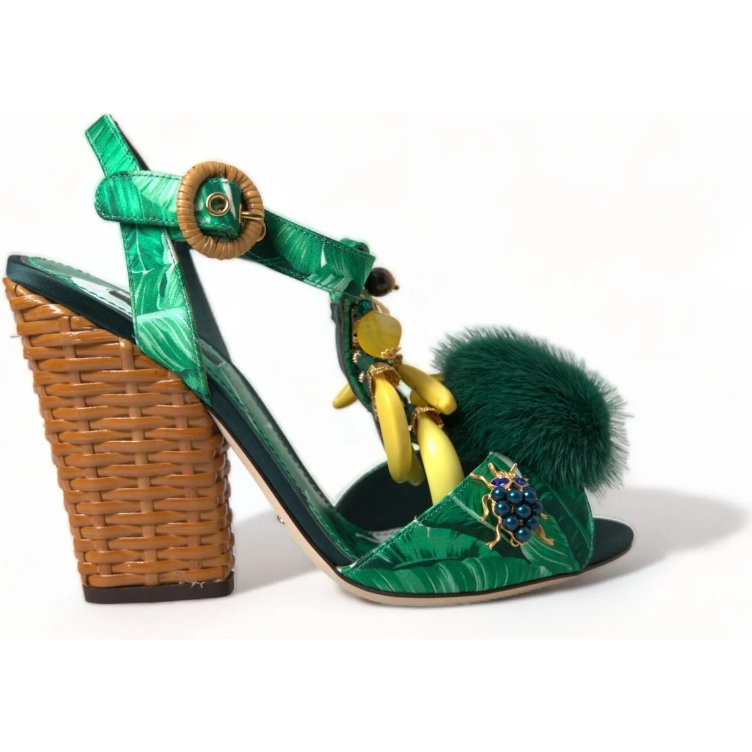 Dolce & Gabbana Green Crystal Mink Fur T-Strap Sandals