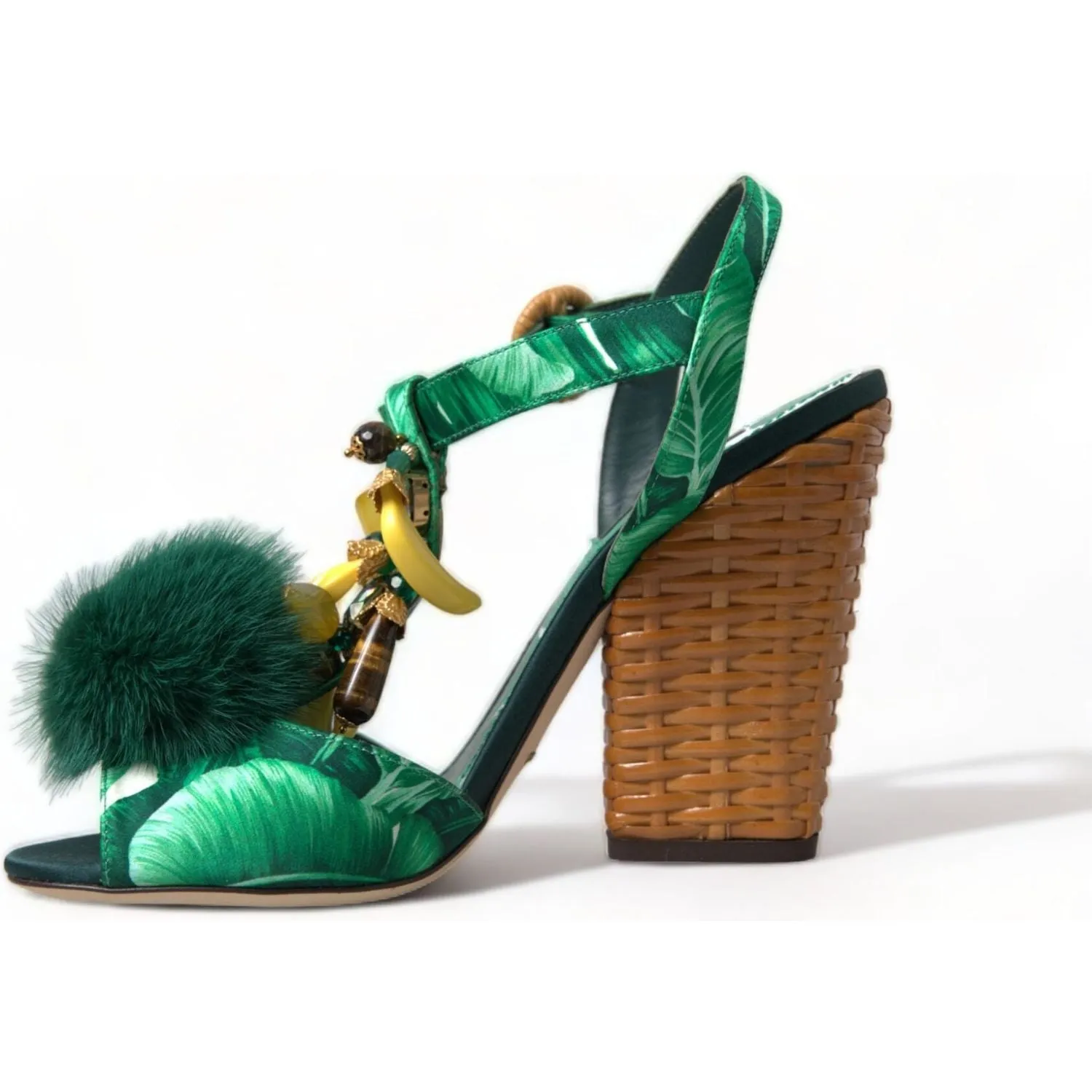 Dolce & Gabbana Green Crystal Mink Fur T-Strap Sandals