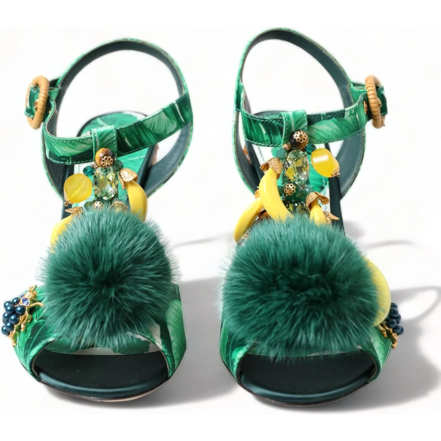 Dolce & Gabbana Green Crystal Mink Fur T-Strap Sandals