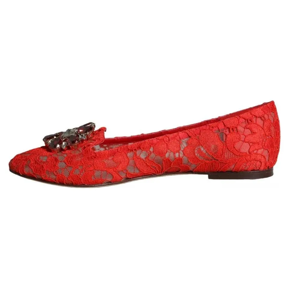 Dolce & Gabbana Red Lace Crystal Ballet Flats Loafers Shoes