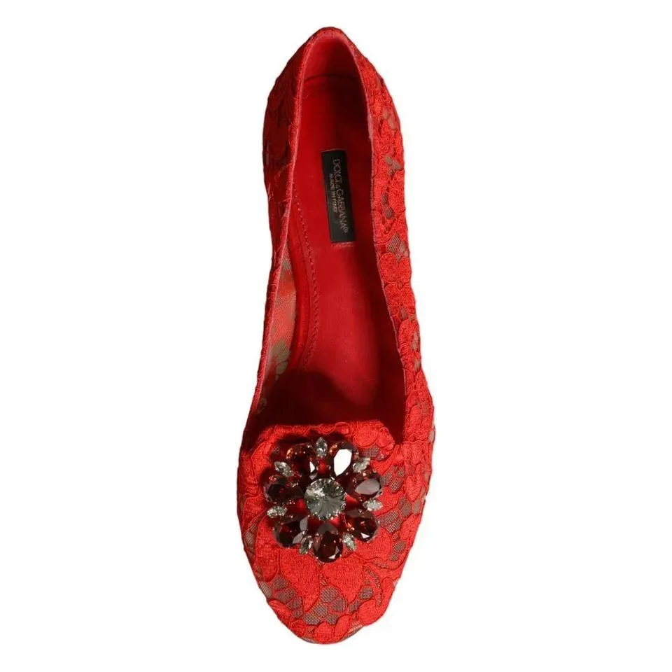 Dolce & Gabbana Red Lace Crystal Ballet Flats Loafers Shoes