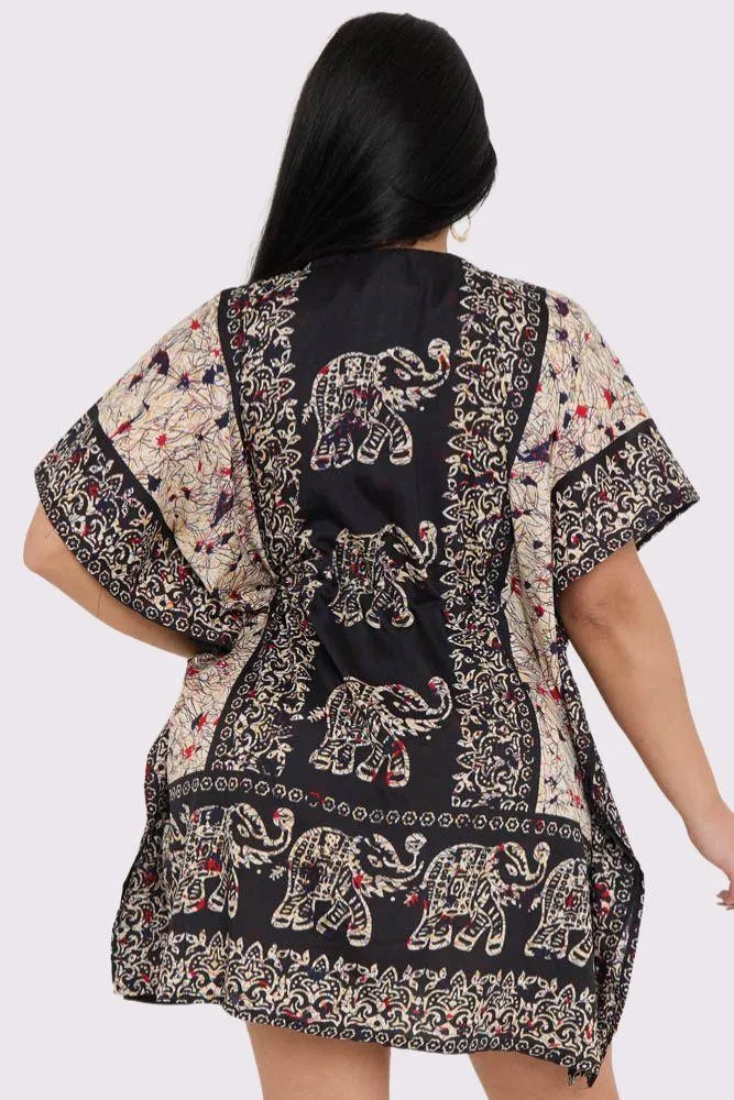 Elephant Print Drawstring Tassel Waist Kaftan