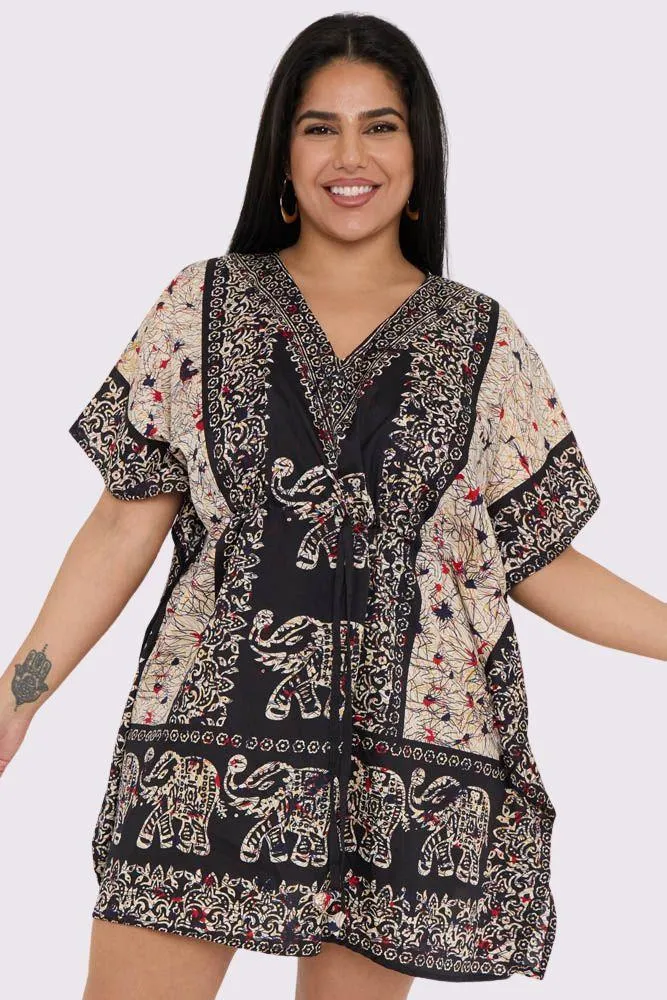 Elephant Print Drawstring Tassel Waist Kaftan