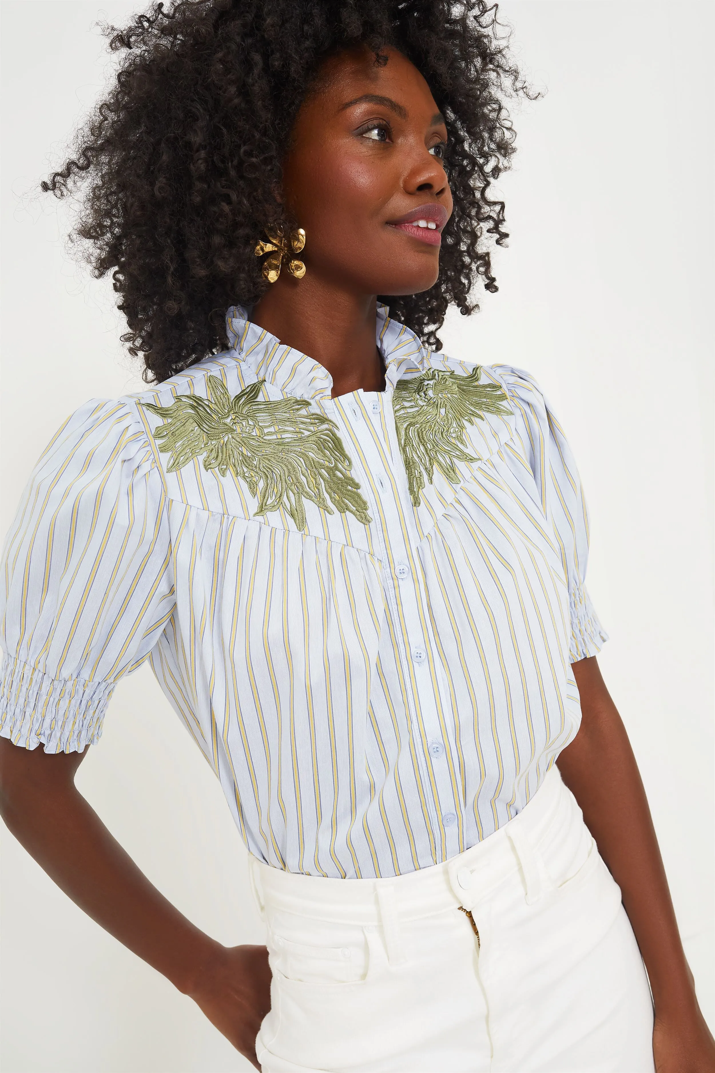 Embroidered Blue and Tan Stripe Nicole Shirt