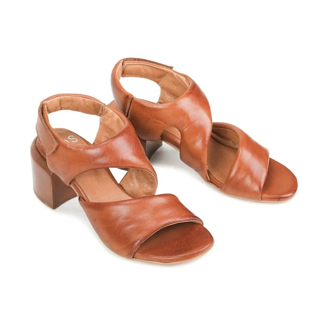 EOS Charbel Brandy Tan Leather Block Heel Womens Sandals