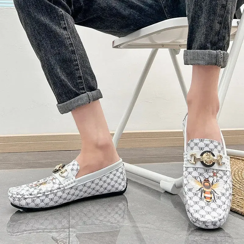 Geometric Printed Bee Appliques Loafers