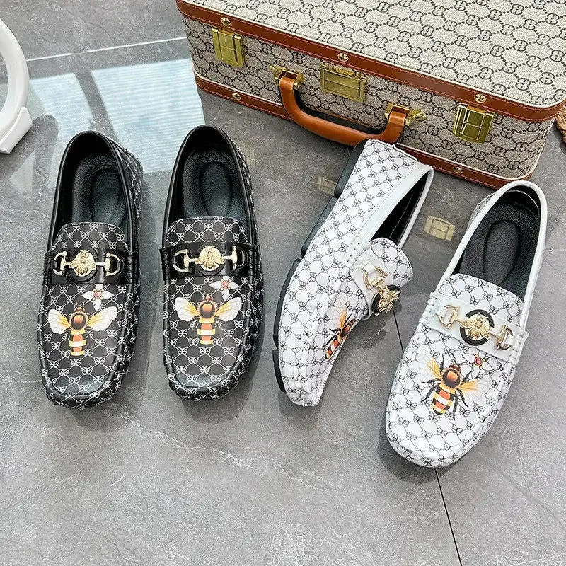 Geometric Printed Bee Appliques Loafers