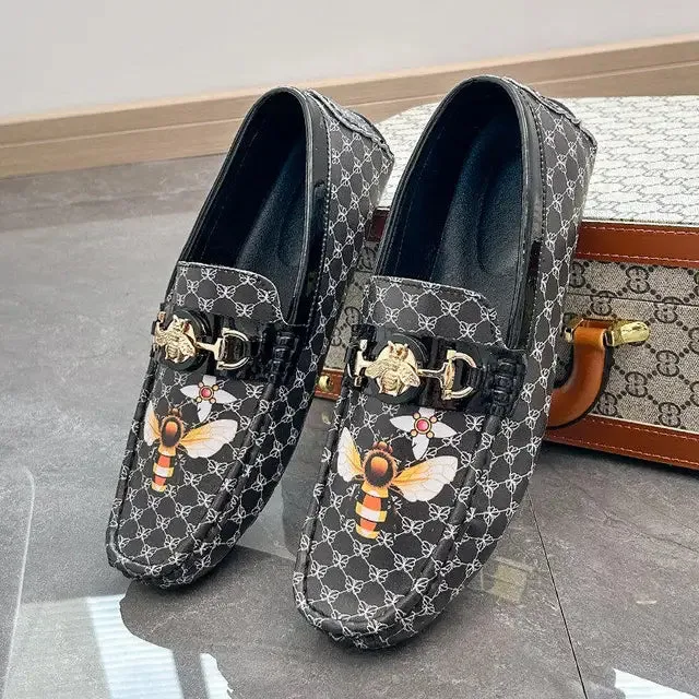 Geometric Printed Bee Appliques Loafers