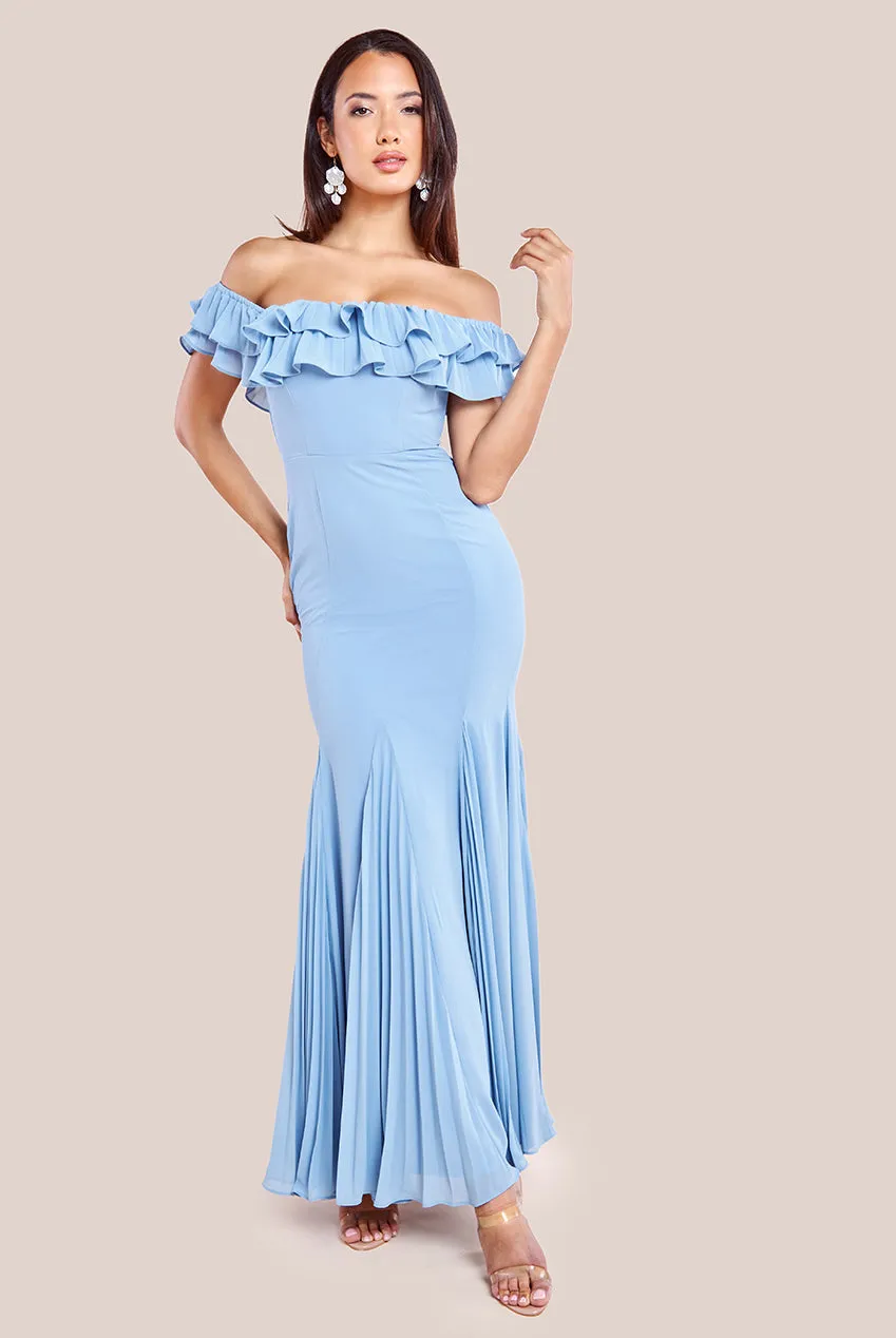 Goddiva Frilled Off The Shoulder Pleated Chiffon Maxi Dress - Dusky Blue