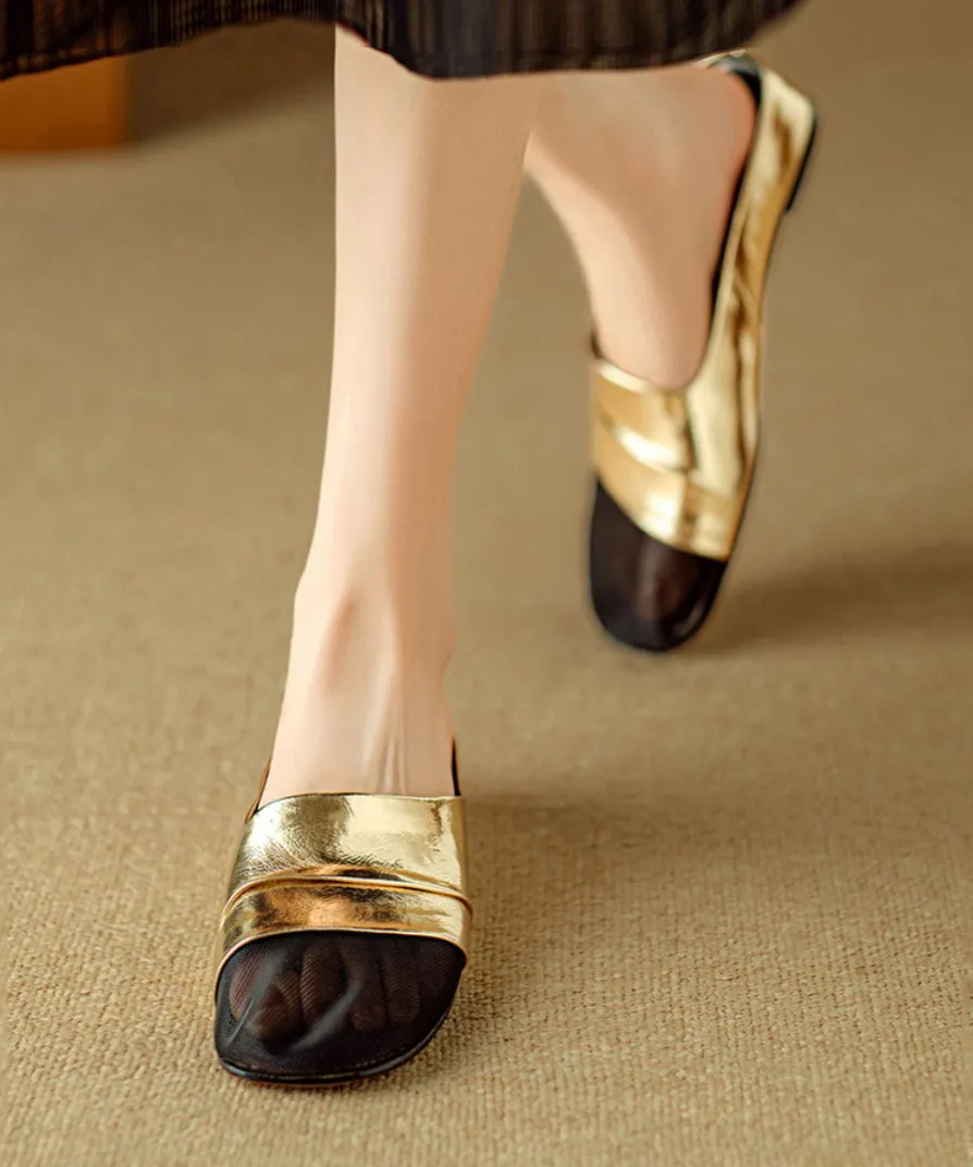 Gold Cowhide Leather Handmade Splicing Tulle Slide Sandals AP1029