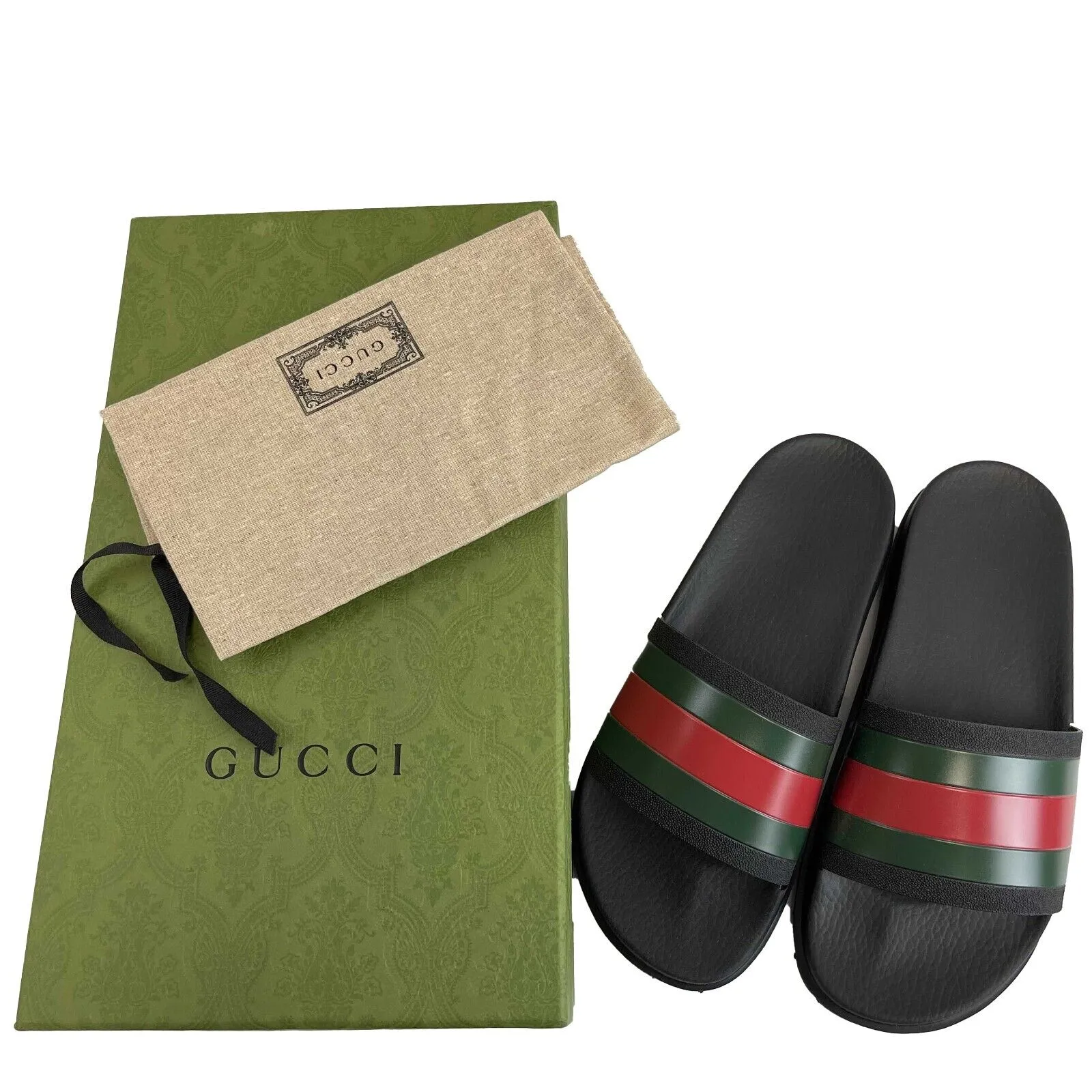 Gucci - Men's Web Rubber Slide / Sandal - Black, Red, Green - Size 9 BRAND NEW