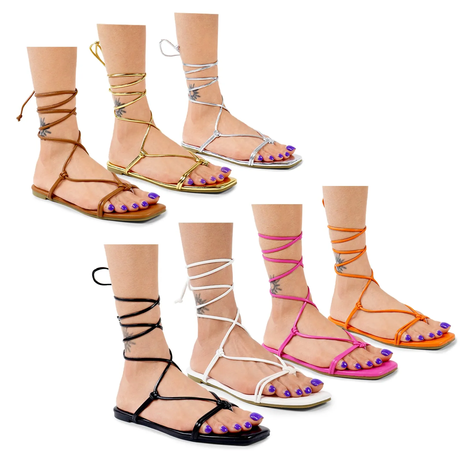 HARMONY-1 OPEN TOE STRAPPY LACE UP FLAT SANDALS - ORANGE