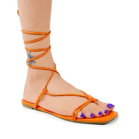 HARMONY-1 OPEN TOE STRAPPY LACE UP FLAT SANDALS - ORANGE