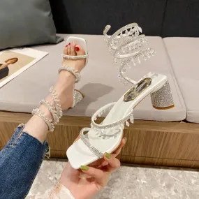 Hnzxzm 2024 Summer Luxury Women Sandals Fashion Square Head Rhinestone Pendant Crystal Mid Heel Party Wedding Shoes