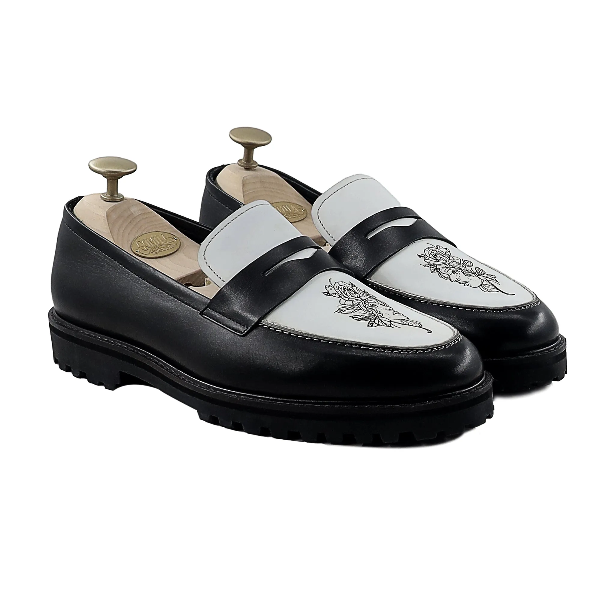 Hobart - Men's Black and White Calf Leather Loafer (Flower Edition)