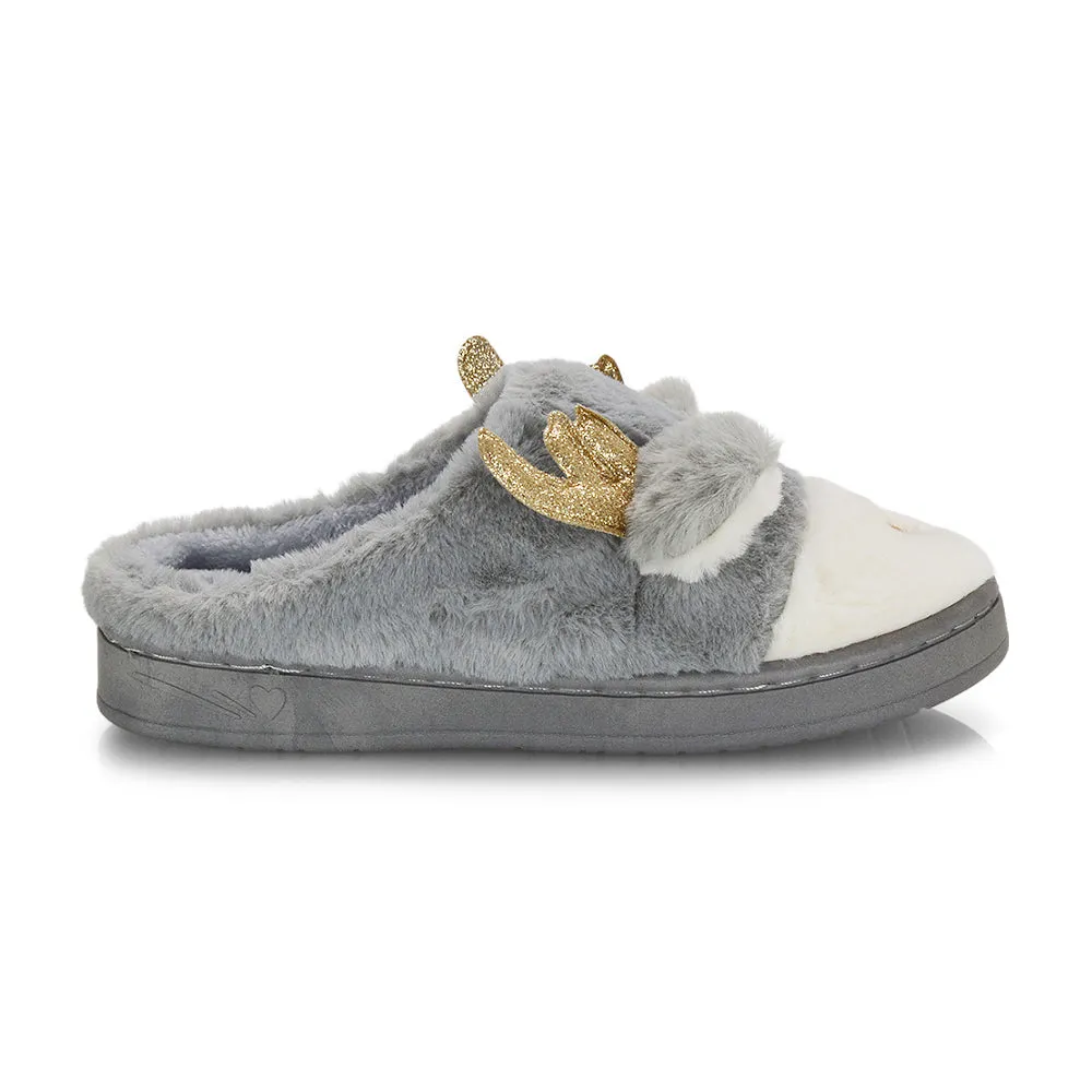 Immie Faux Fur Soft Fluffy Christmas Slip on Cosy Reindeer Slippers in Grey