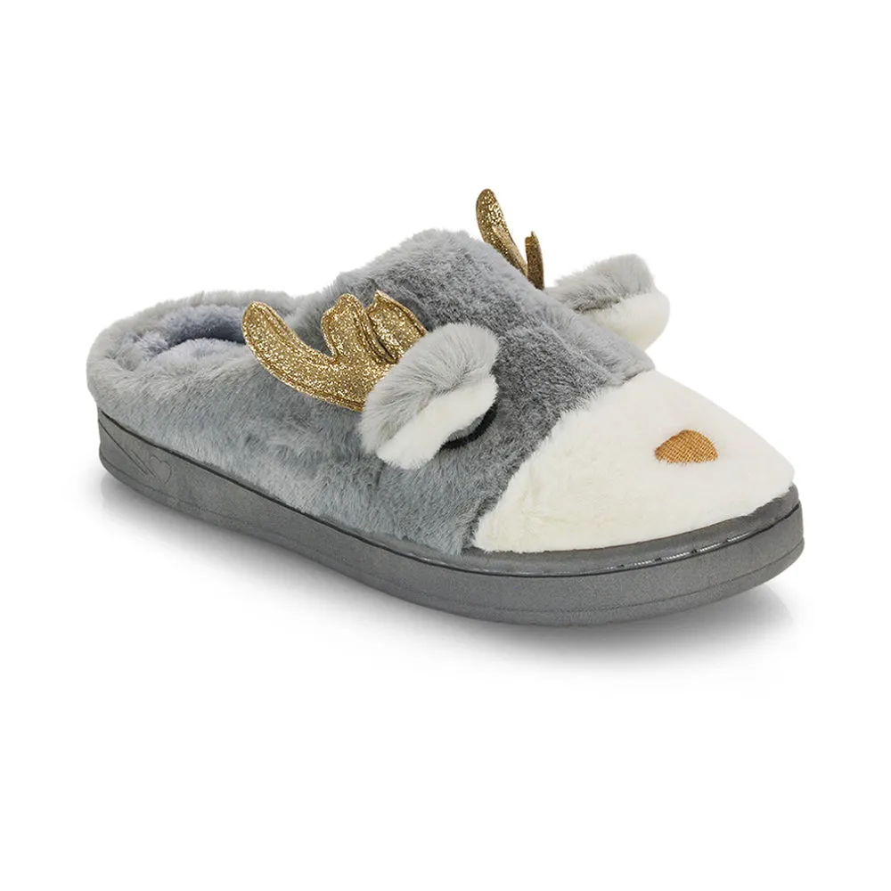 Immie Faux Fur Soft Fluffy Christmas Slip on Cosy Reindeer Slippers in Grey