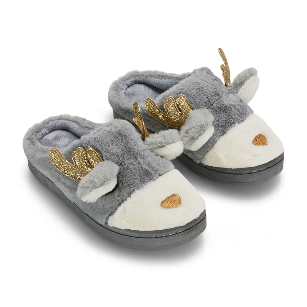 Immie Faux Fur Soft Fluffy Christmas Slip on Cosy Reindeer Slippers in Grey