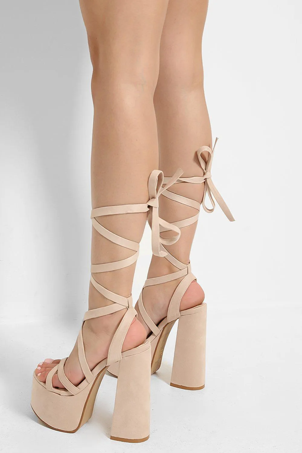 LACE UP SUPER HIGH BLOCK HEEL PLATFORM BEIGE SANDALS