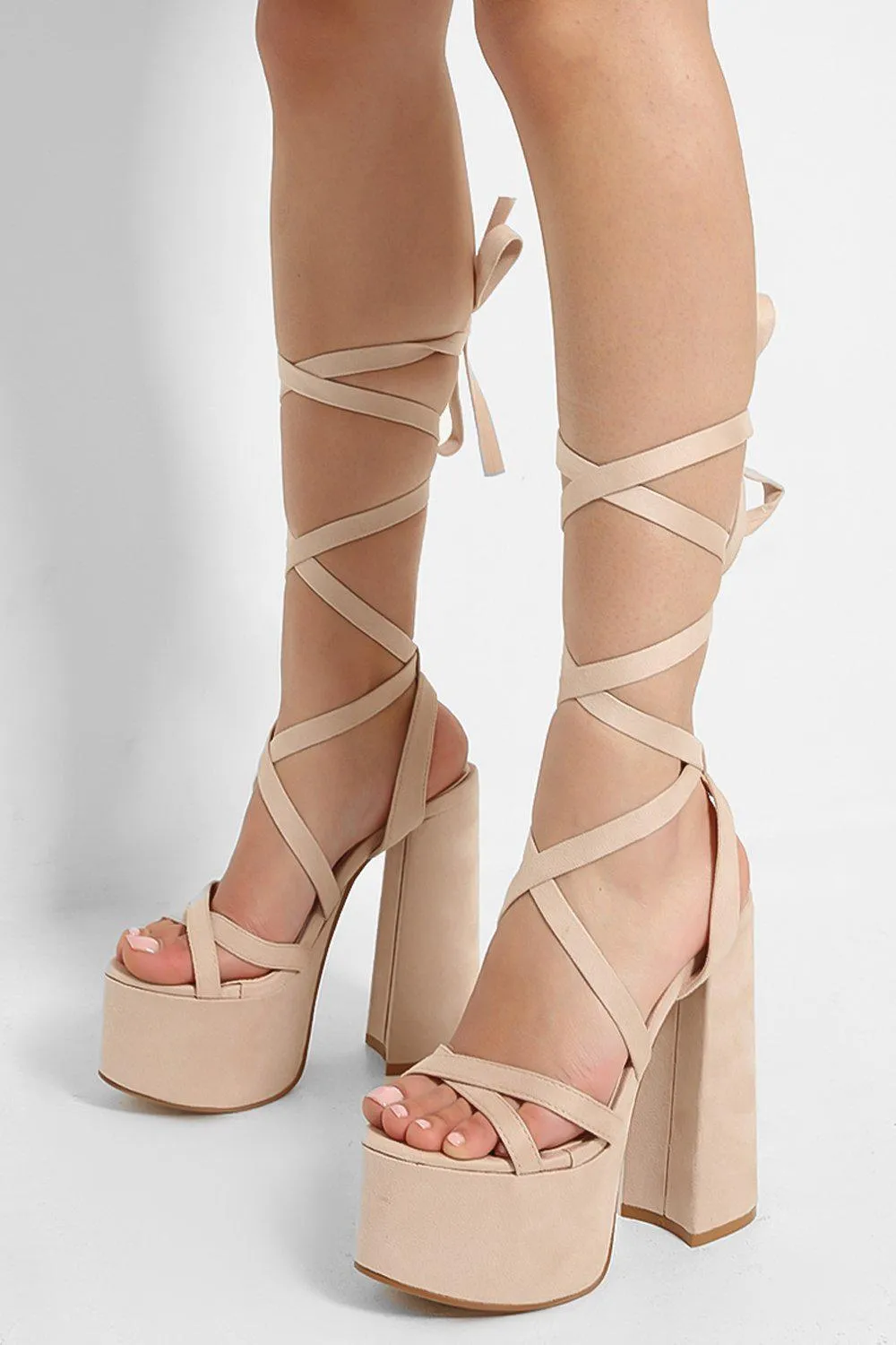 LACE UP SUPER HIGH BLOCK HEEL PLATFORM BEIGE SANDALS