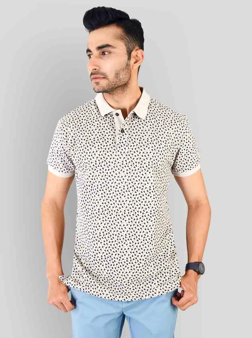 Light Camel Brown Melange Printed Slim Fit Polo T-shirt | Greenfibre