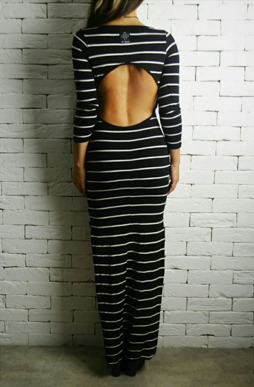 Long Sleeve Backless Maxi - Black/White Widestripe