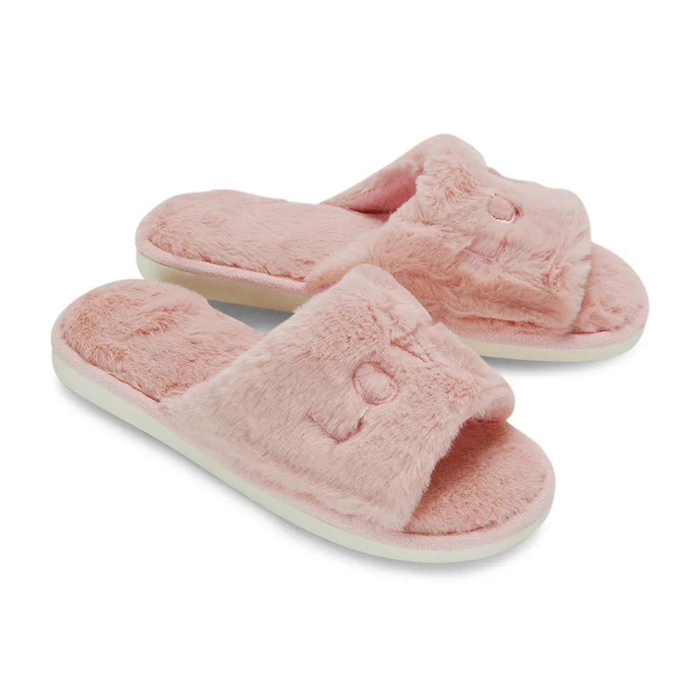 Lula Peep Toe Fluffy Soft Faux Fur Flat Embroidered Cosy Love Slippers in Pink