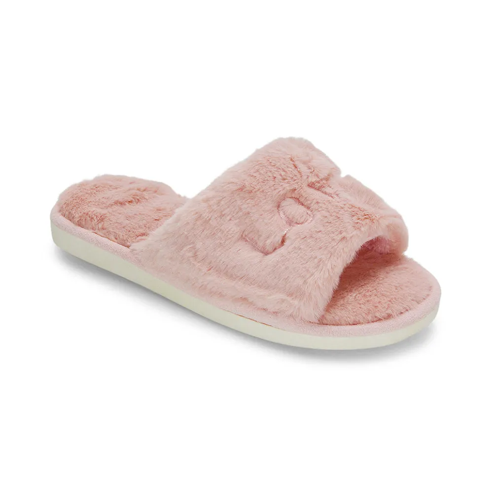 Lula Peep Toe Fluffy Soft Faux Fur Flat Embroidered Cosy Love Slippers in Pink