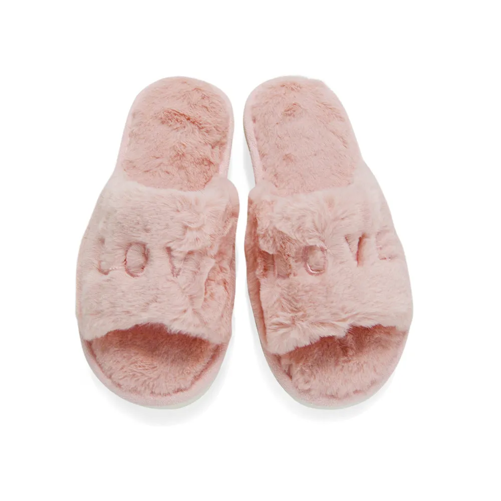 Lula Peep Toe Fluffy Soft Faux Fur Flat Embroidered Cosy Love Slippers in Pink