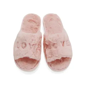 Lula Peep Toe Fluffy Soft Faux Fur Flat Embroidered Cosy Love Slippers in Pink