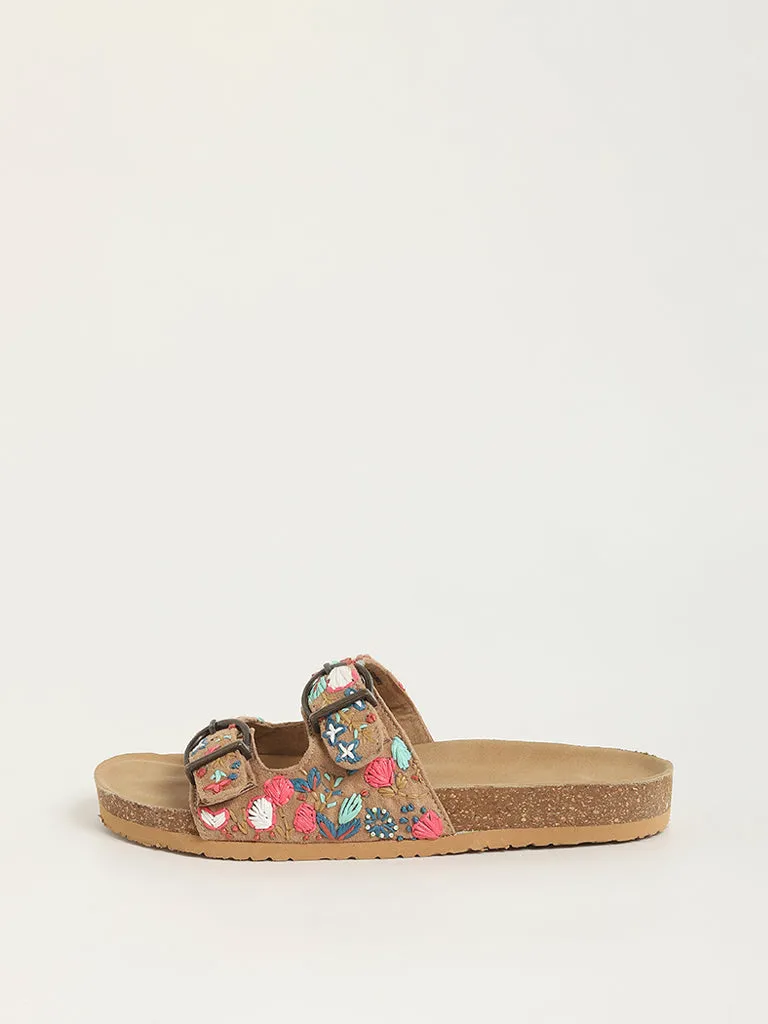 LUNA BLU Taupe Embroidered Double Band Sandals