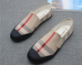 Men Canvas Leather Loafers Shoes Khaki Red Stripe