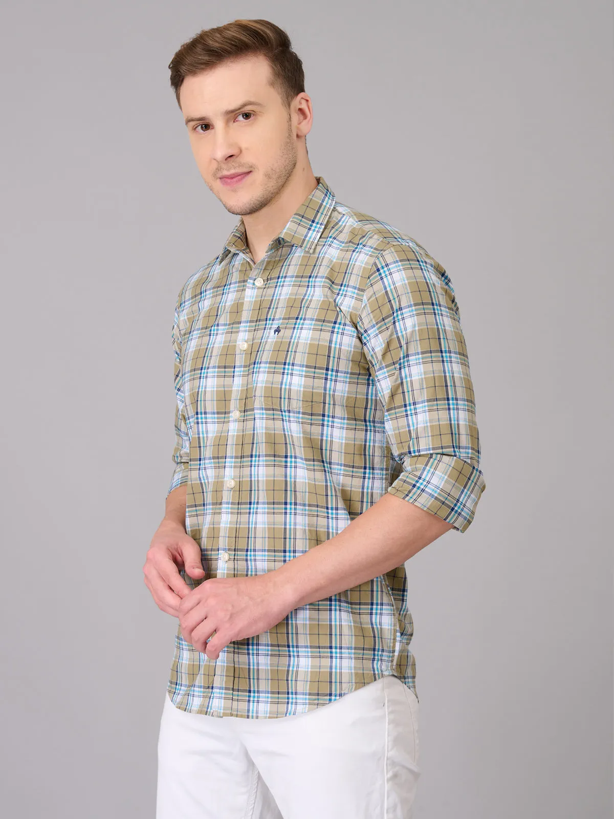 Men Light Khaki Quad Checks Cotton Shirt (GBHM23ED14)