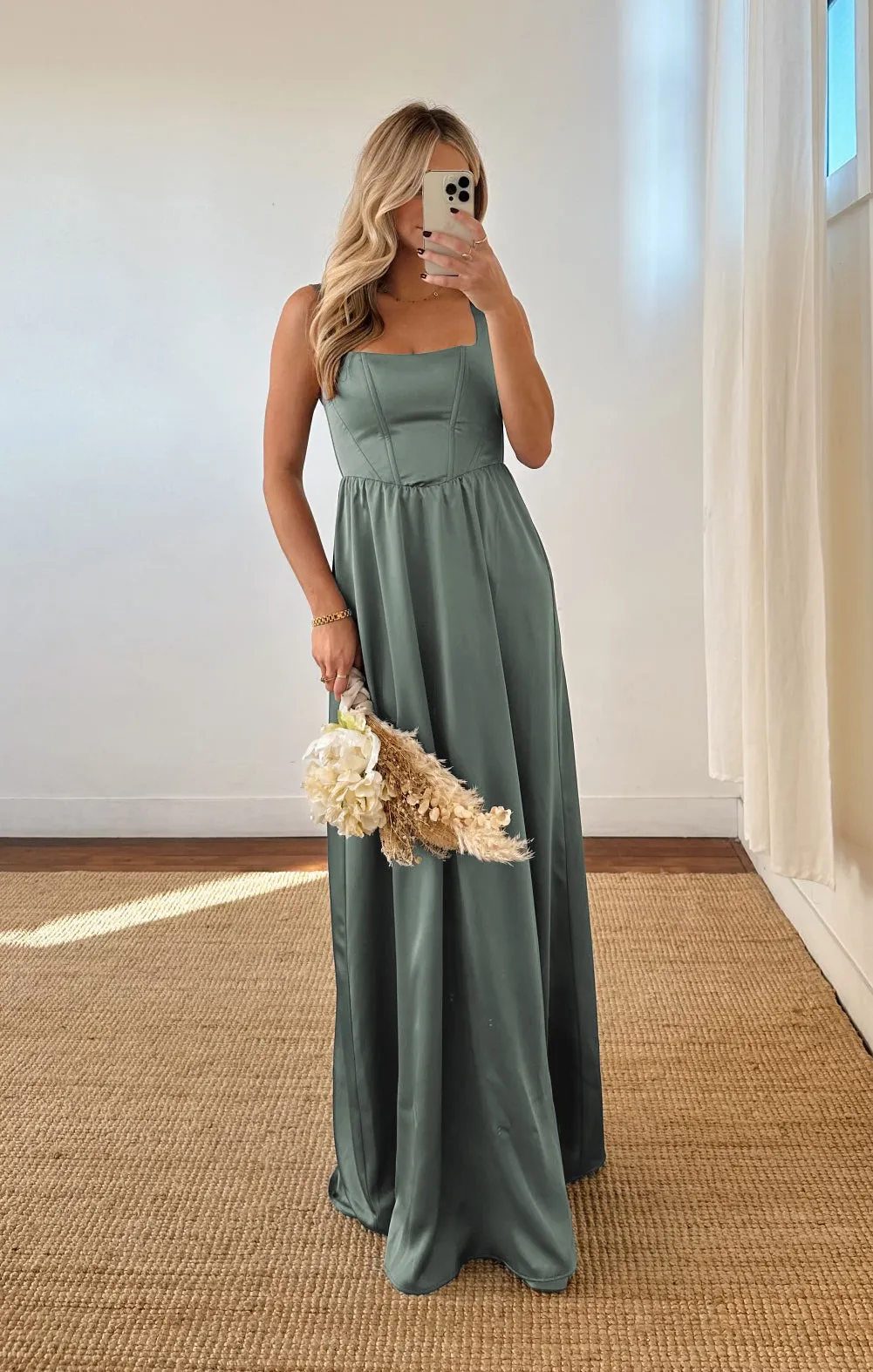 Nina Maxi Dress ~ Deep Sage Luxe Satin