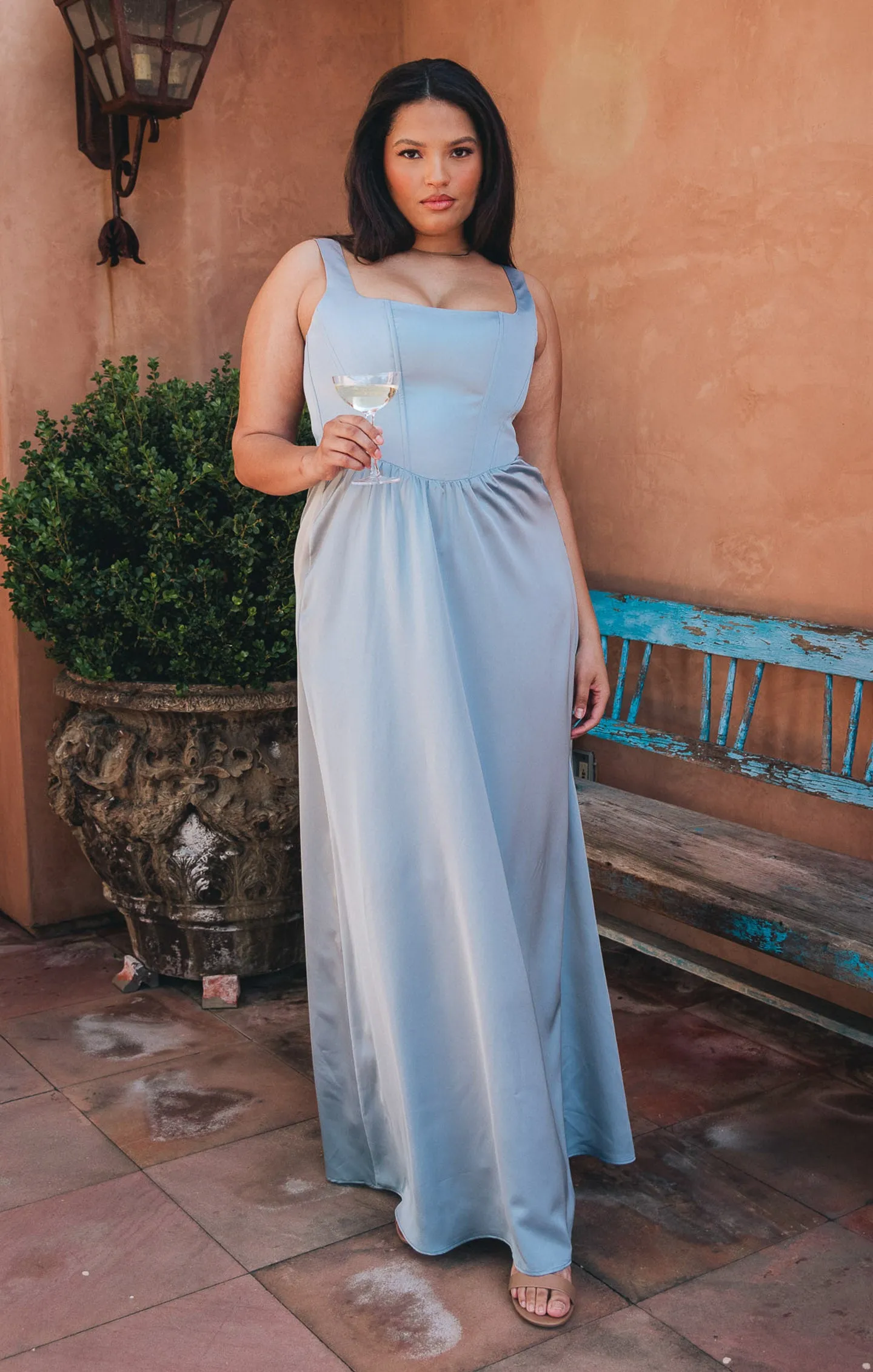 Nina Maxi Dress ~ Steel Blue Luxe Satin