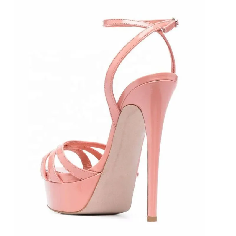 Pink Platform Sandals with Ankle Buckle and Slim Heels