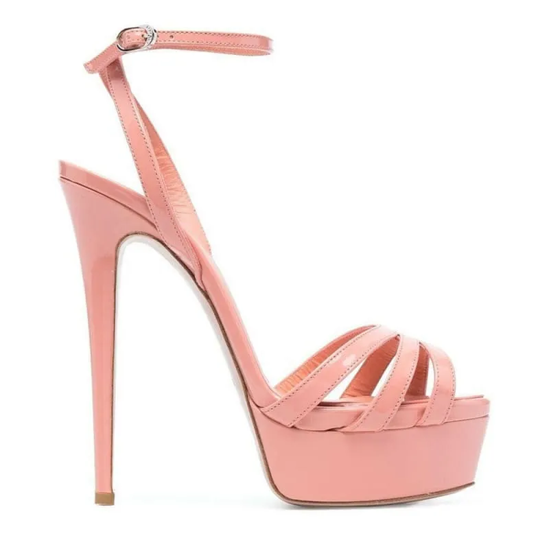 Pink Platform Sandals with Ankle Buckle and Slim Heels