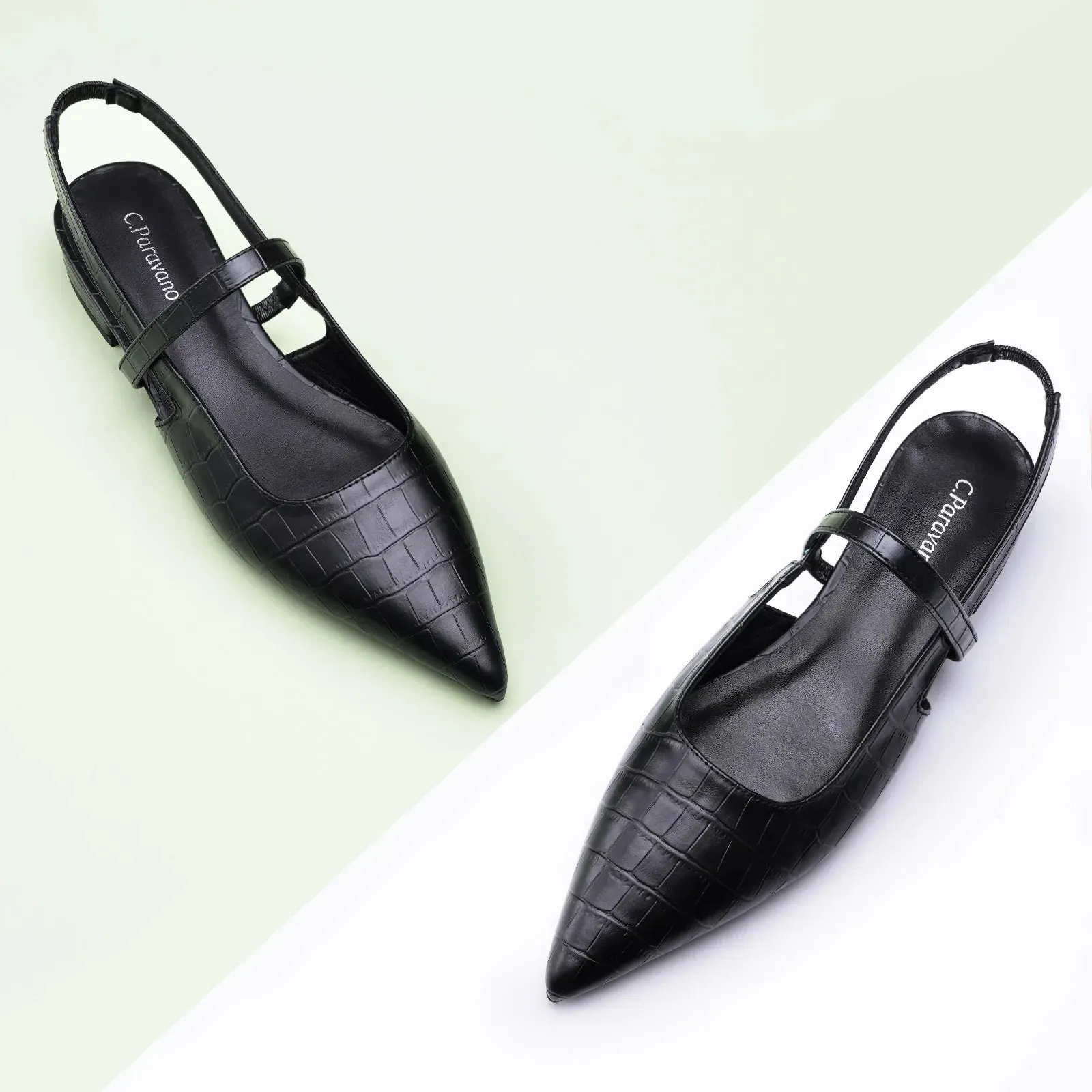 Pointed Toe Crozzling Slingback Flats (Freya) Black