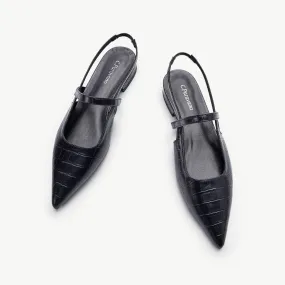 Pointed Toe Crozzling Slingback Flats (Freya) Black