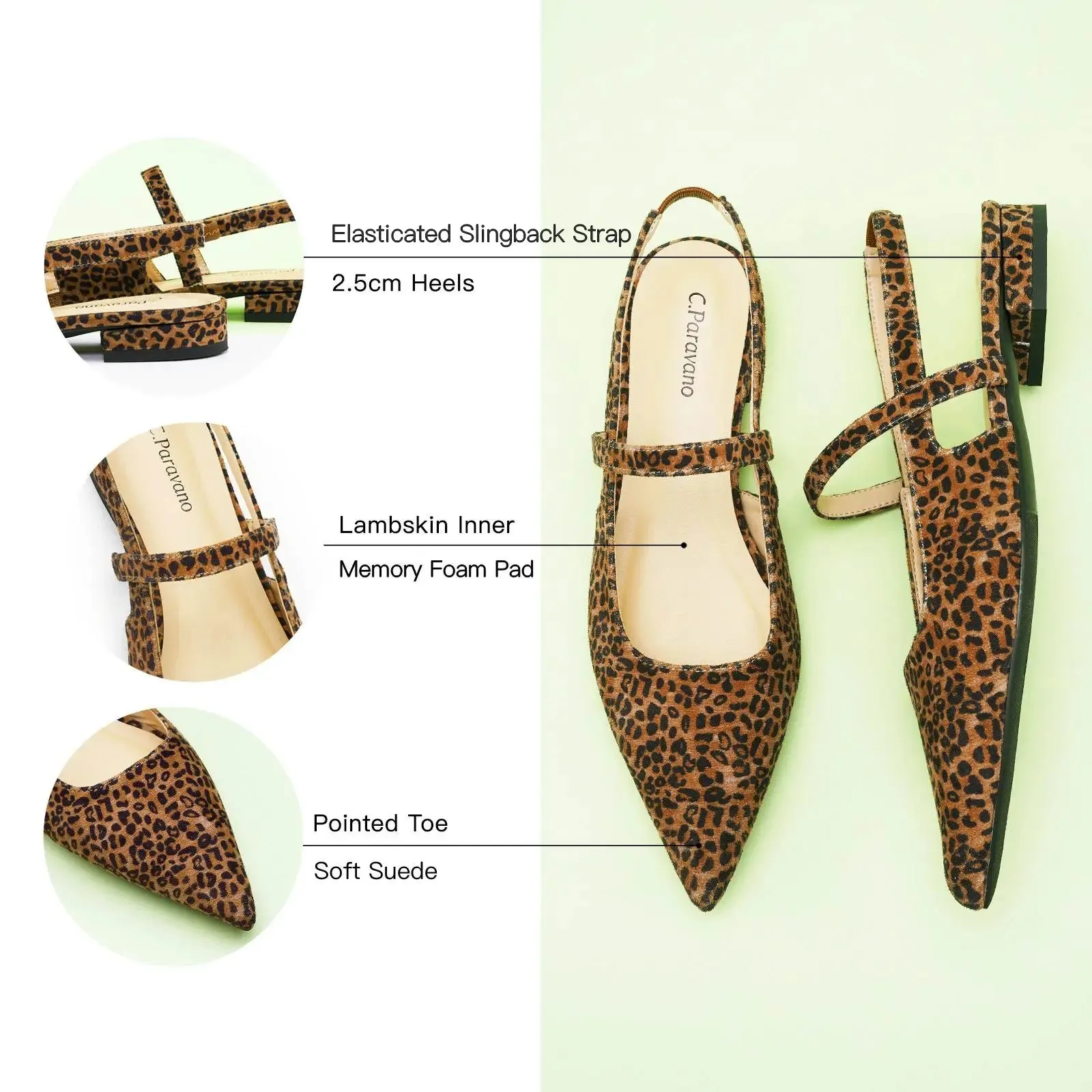 Pointed Toe Slingback Flats (Freya) Leopard