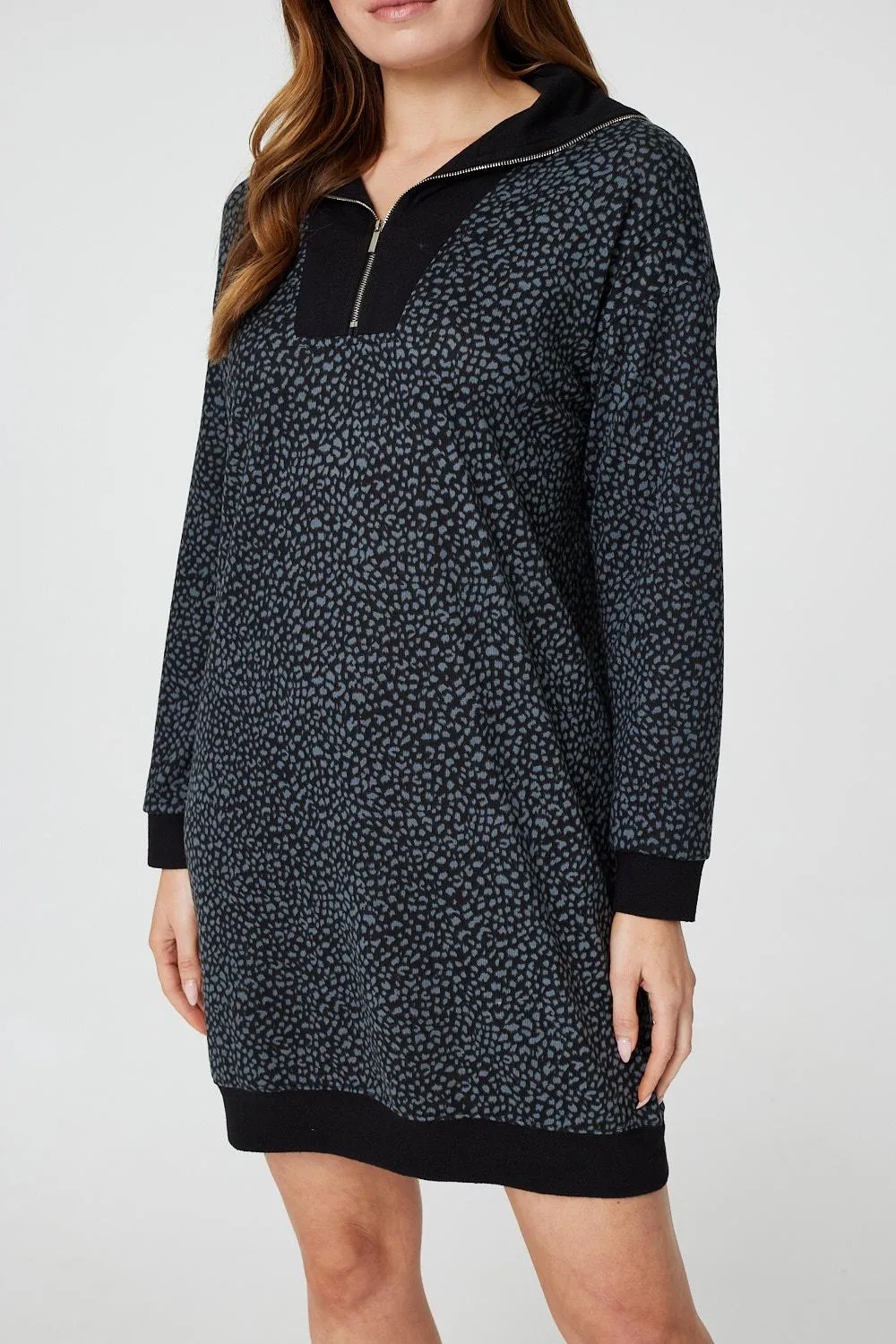 Printed Zip Neck Jumper Dress