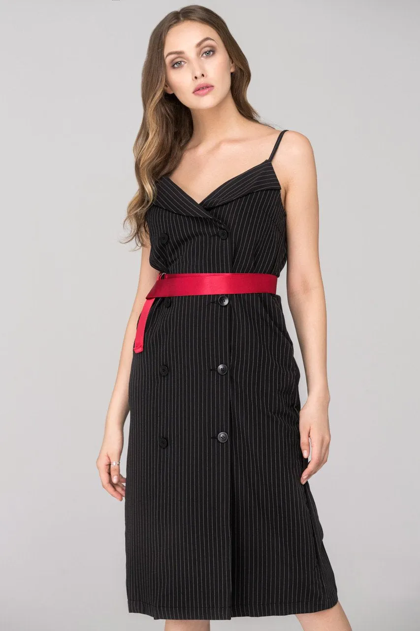 Rania Fawaz - Black Pinstripes Double Button Midi Dress with Red Belt