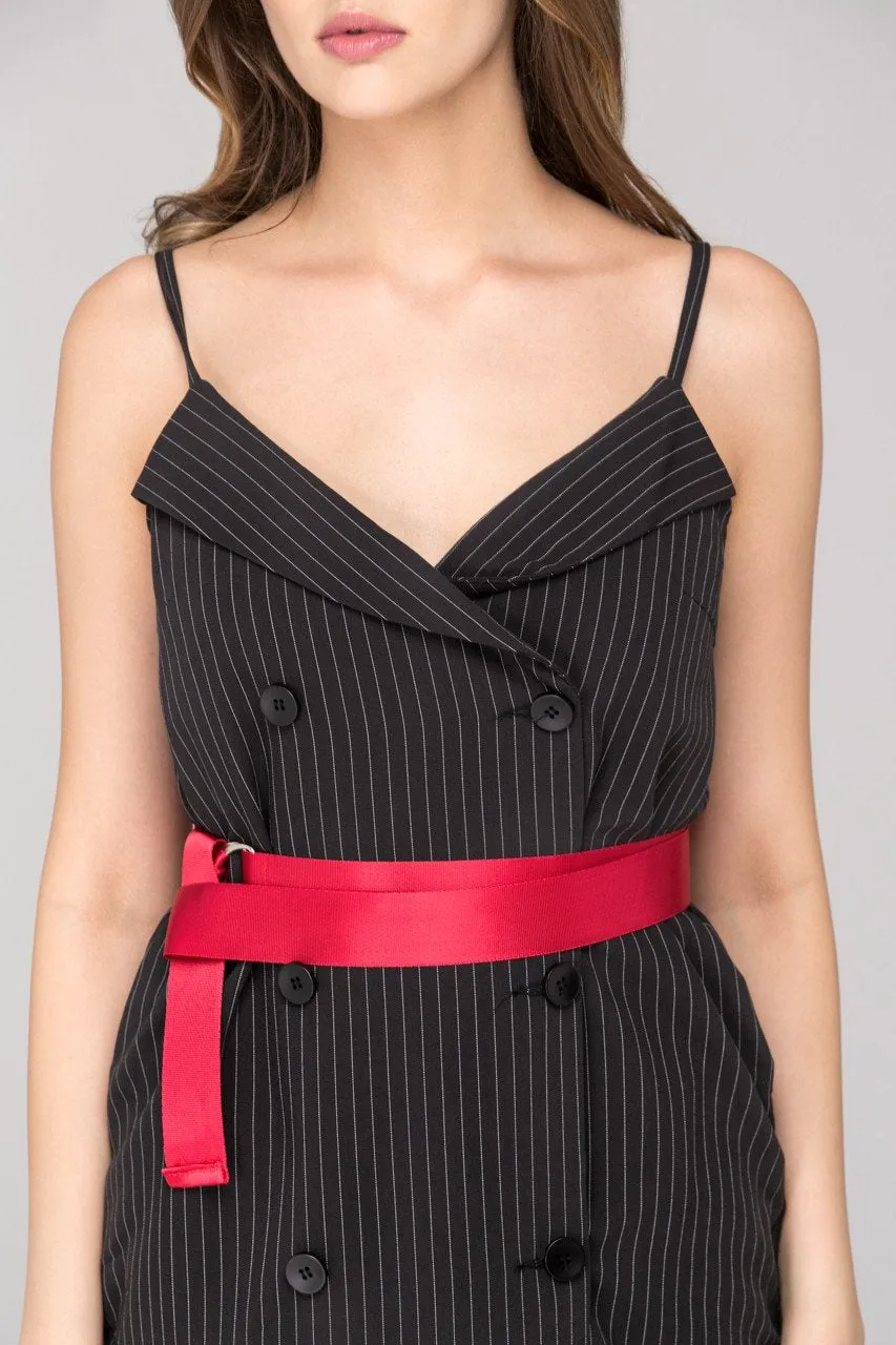 Rania Fawaz - Black Pinstripes Double Button Midi Dress with Red Belt