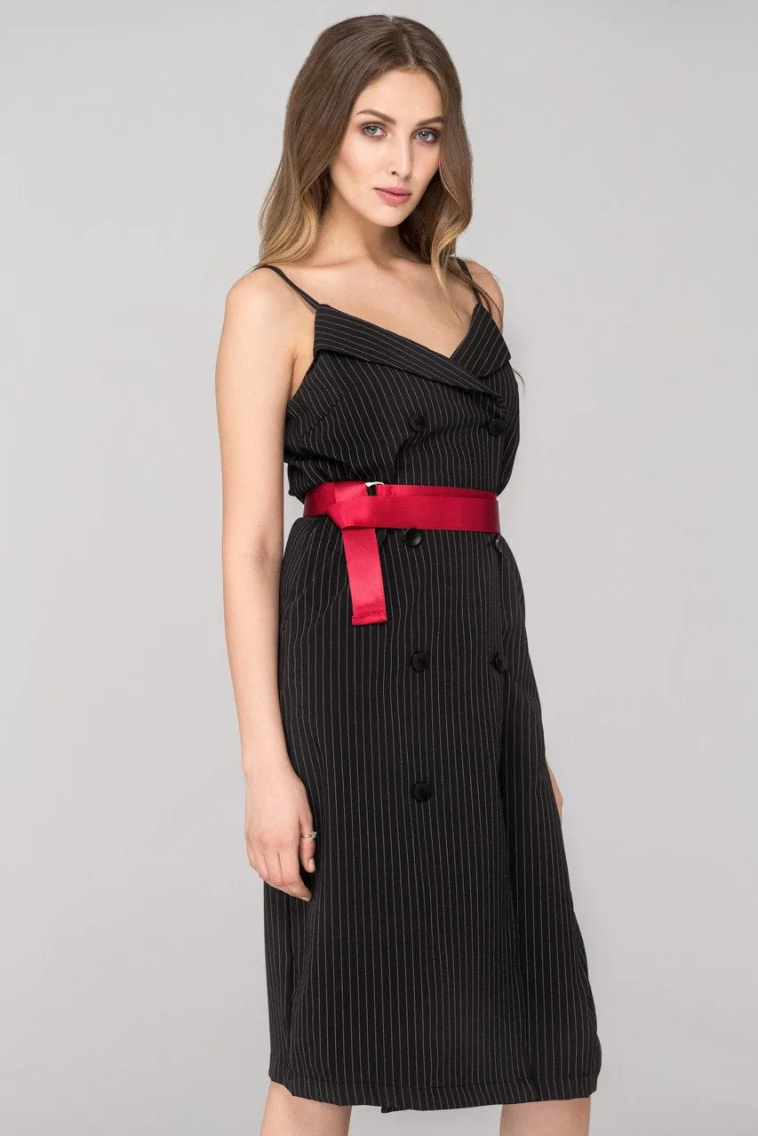 Rania Fawaz - Black Pinstripes Double Button Midi Dress with Red Belt