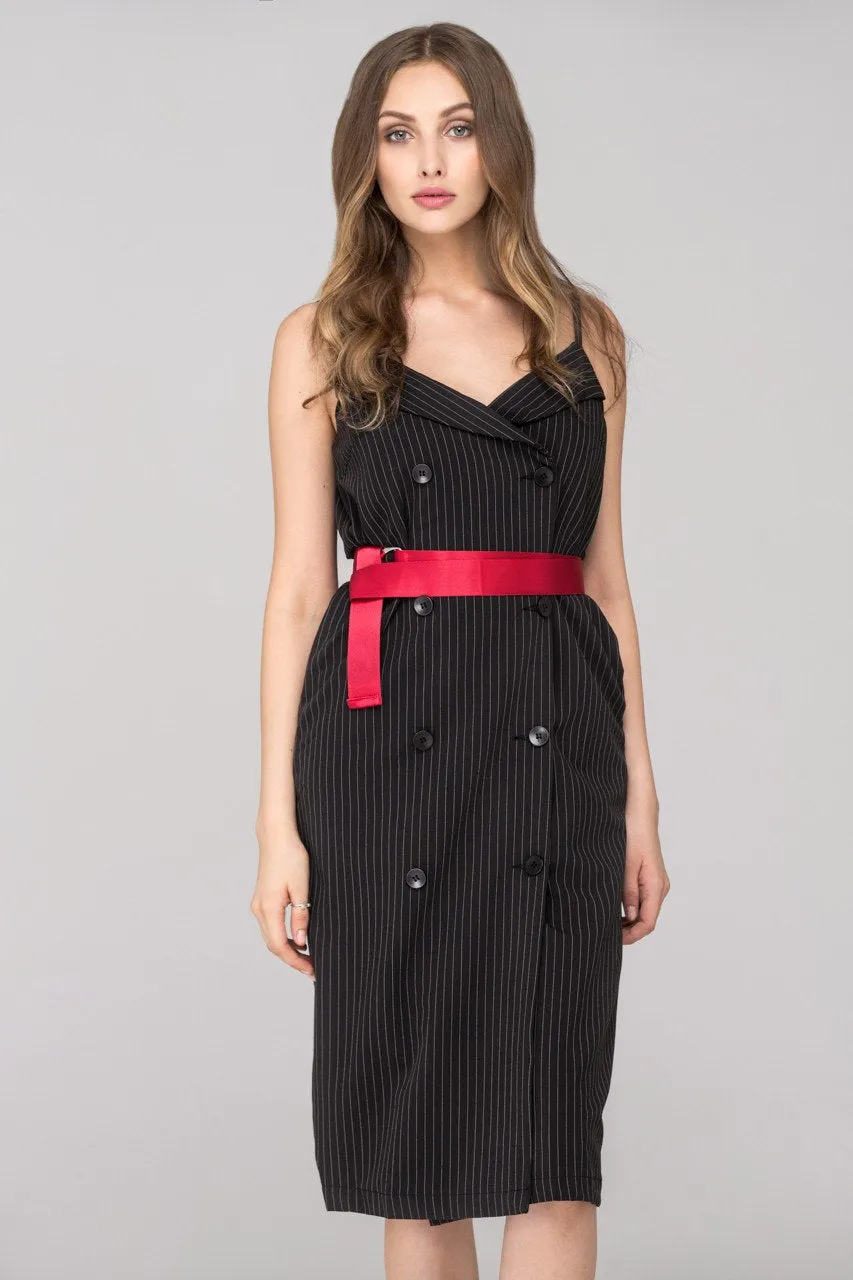 Rania Fawaz - Black Pinstripes Double Button Midi Dress with Red Belt